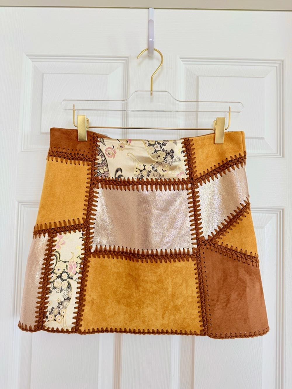 🌞 Nasty Gal Yellow Patchwork Mixed Media Vegan Leather Suede Mini Skirt Small S